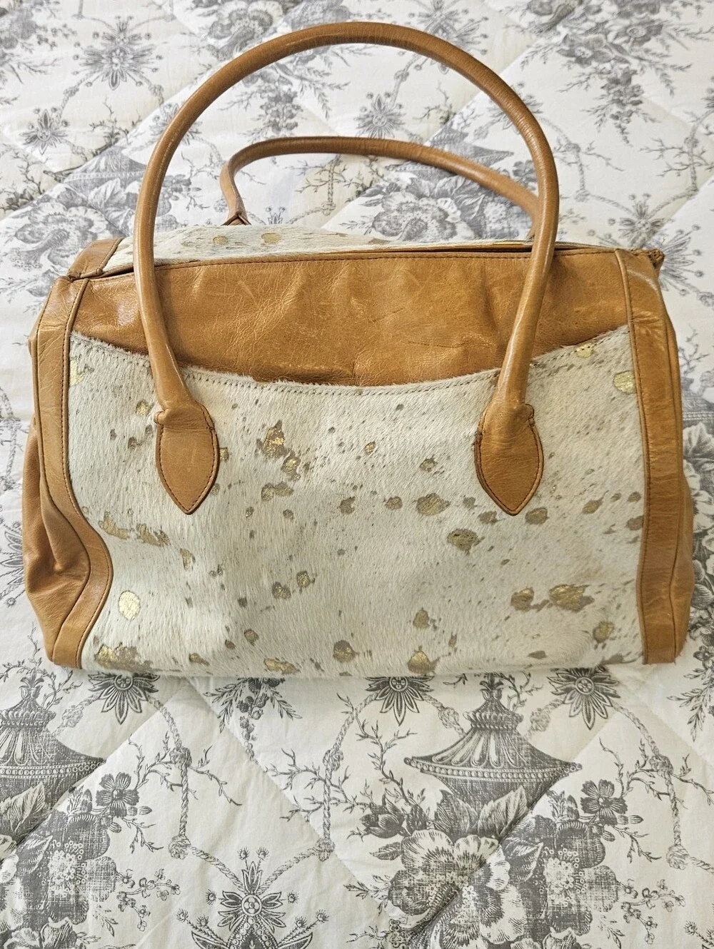 Glenda Geis Tan Leather & Cream Cowhide Satchel with Gold Fleck Detail